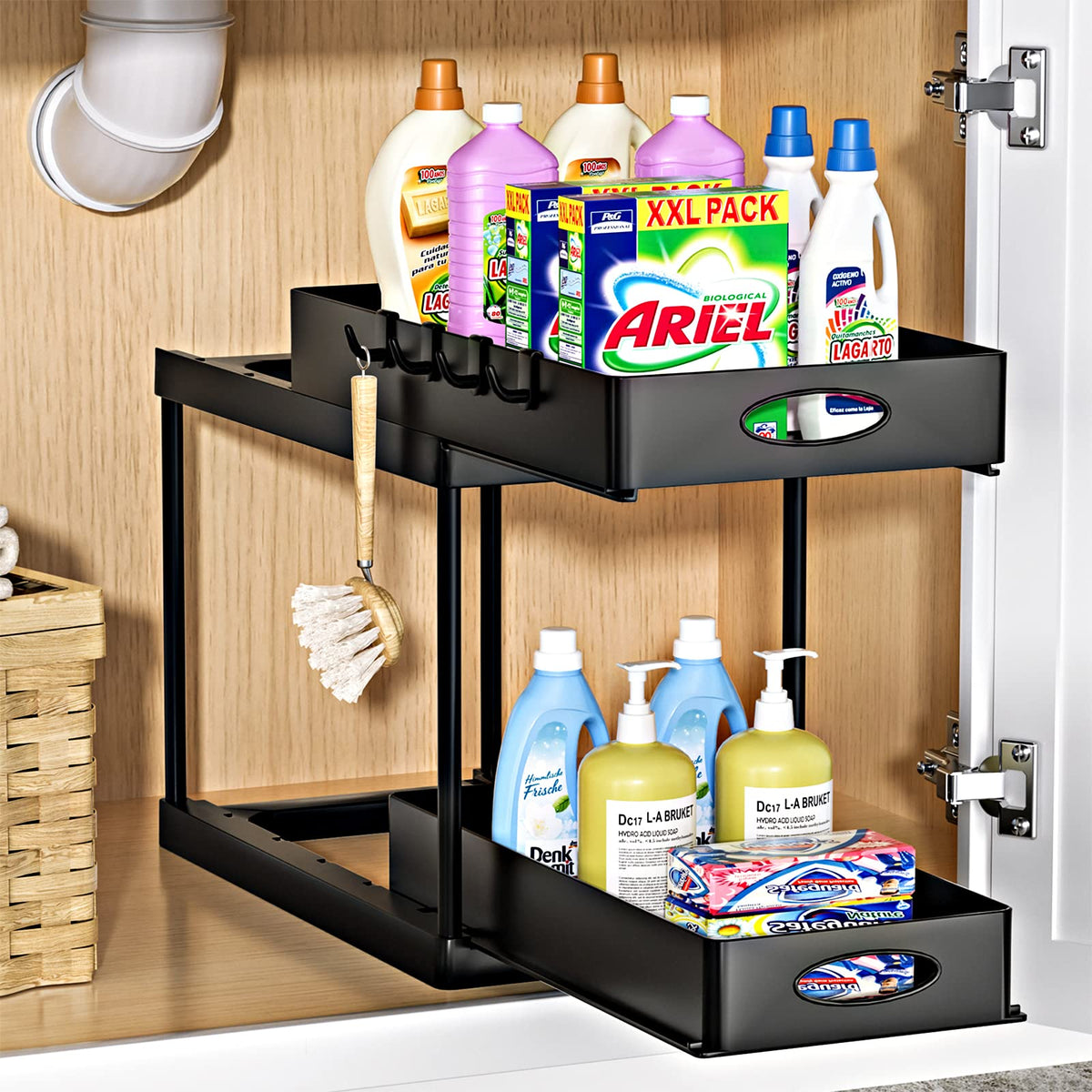 Two-Tier Sliding Under Sink Organiser – Black – Clever Nest
