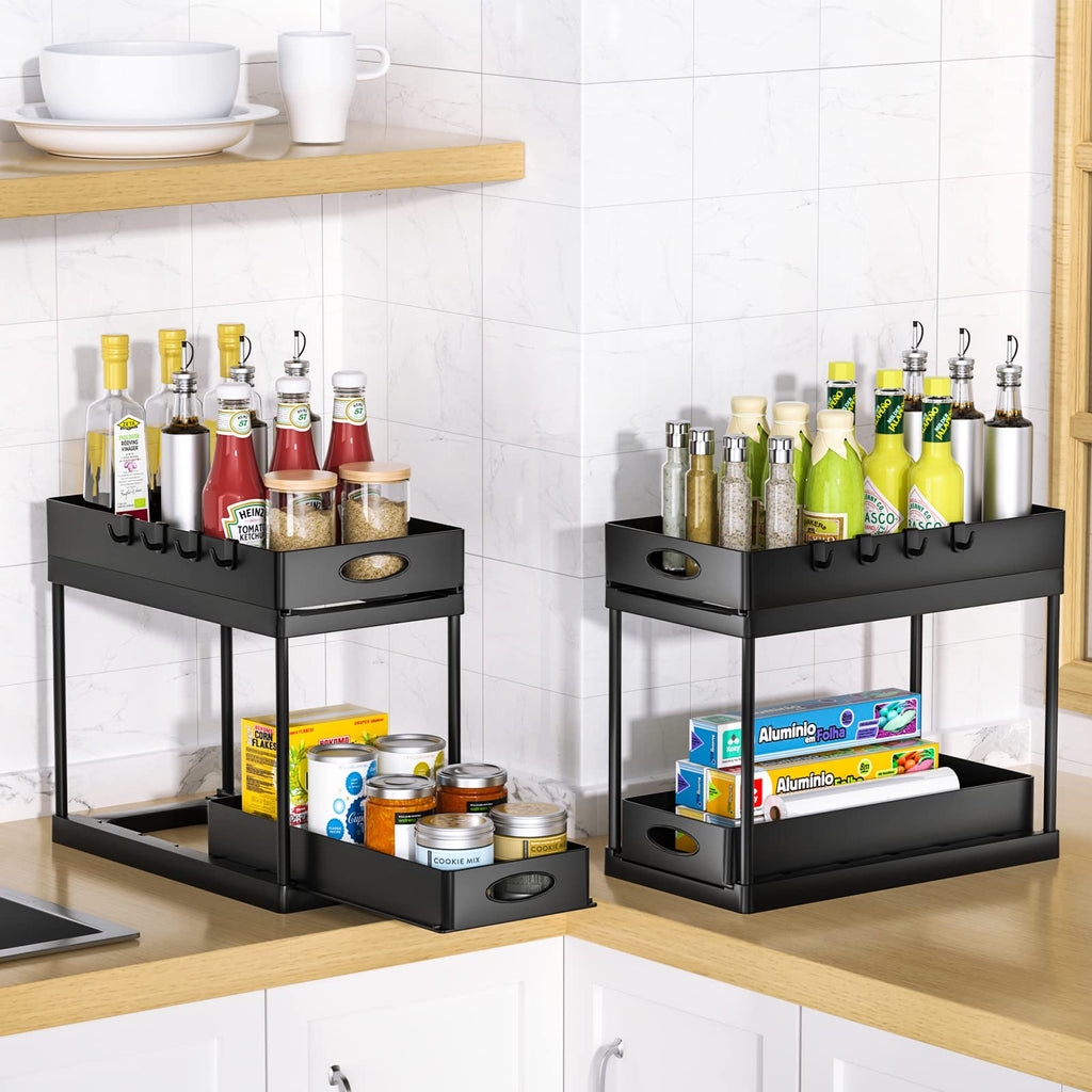Two-Tier Sliding Under Sink Organiser – Black – Clever Nest
